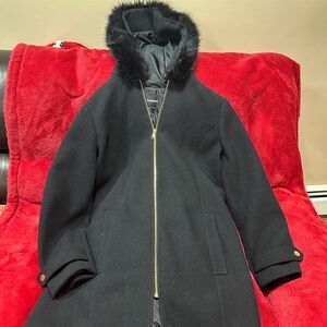 Black express womens pea coat with removable fur hood